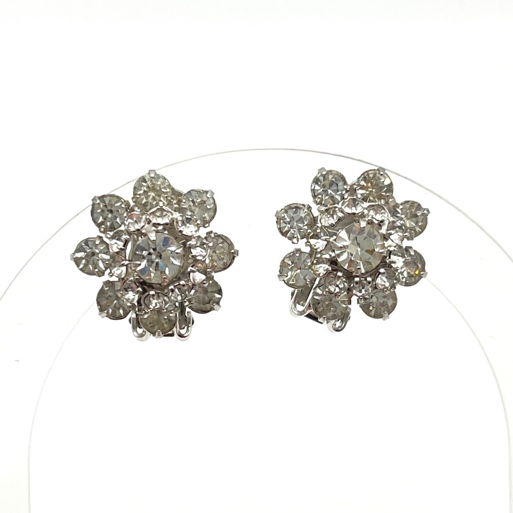 Vintage Silver Tone Clear Rhinestone Flower Cluster Clip On Earrings Floral Glam